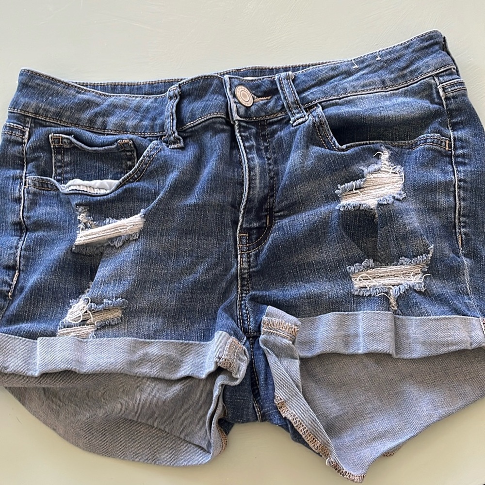 Low Rise Denim Jean Shorts with Holes and Distressed Look